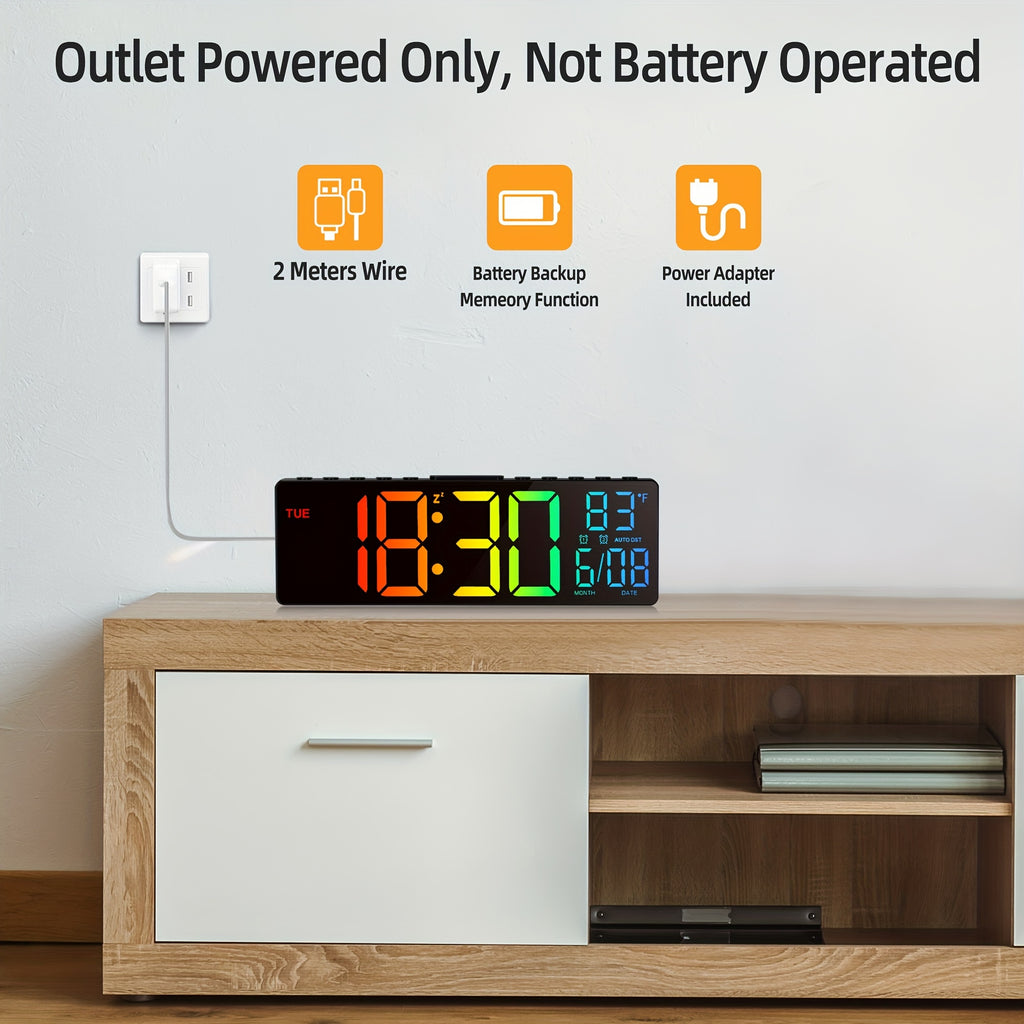 10.5 Inch Large Digital Wall Clock with Dual Alarms, Night Light, Large LED Screen Display, 8 RGB Colors, Auto DST, Temperature, Brightness Adjustment for Living Room, Bedroom, Kitchen Elderly Gift