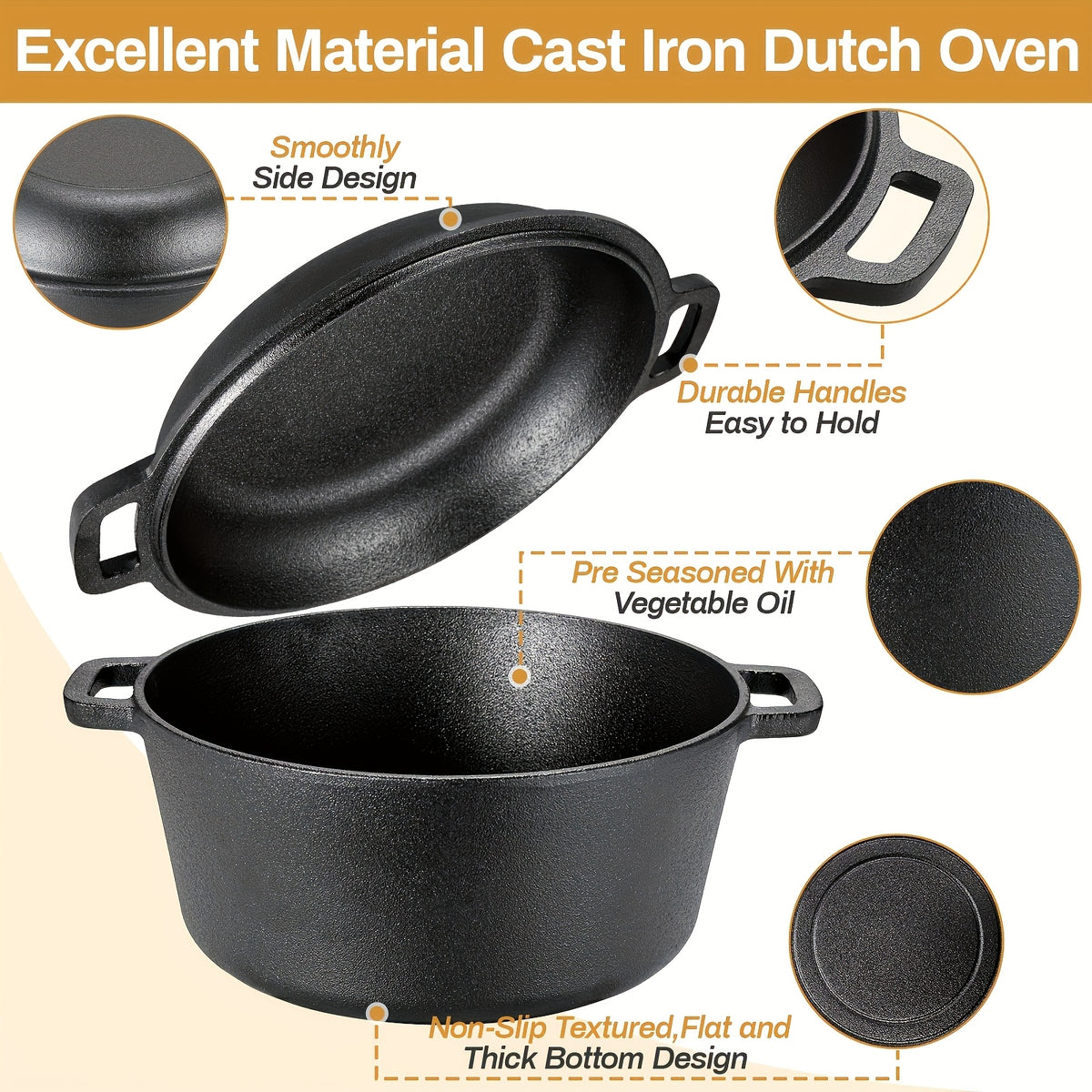 7QT Hand-built 2-in-1 Cast Iron Cookware Set (5.1QT Dutch Oven + 1.9QT Skillet) Dual-Purpose Holiday Cooking Kit For Stove, Induction, Oven, Campfire, With 2 Handles Outdoor BBQ &Indoor Make Sourdough Bread, Frying, Baking, Camping