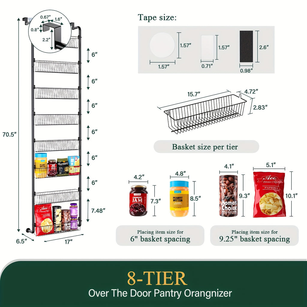 Metal Over Door Pantry Rack, 6 or 8 Tier Hanging Storage Organizer in Black or White for Spices, Packaged Foods, Bathroom Essentials and Laundry Supplies