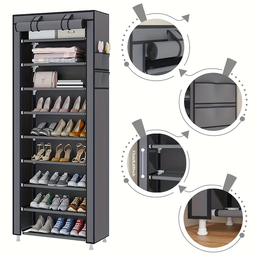 10-layer 9-compartment Large Sturdy Non-woven Shoe Cabinet, with Dust Cover Two Cloth Bags, Space-Saving Narrow Design, Easy Assembly for Entryway, Closet, Dorm, Home - Multi-Layer Combination Storage Cabinet for Cloth And Steel Shoes