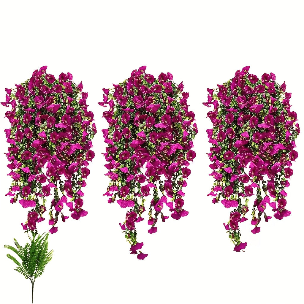 3 Morning Glory Hanging Flowers +1 Persian Grass, Mixed with Textile Morning Light And Eucalyptus Leaves, UV-resistant, True Artificial Plants, Suitable for Outdoor Home, Office And Garden Decoration On Mother's Day, Especially for Thanksgiving
