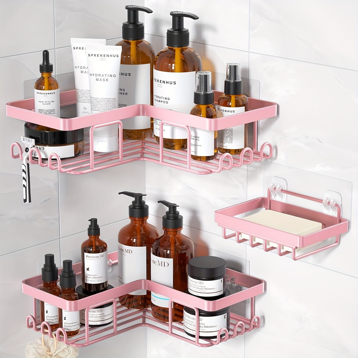 Corner Adhesive Shower Caddy, with Soap Holder And 12 Hooks, Rustproof Stainless Steel Bathroom Organizer, No Drilling Wall Mounted Rack, Random Color Properties to Choose, Shower Caddies