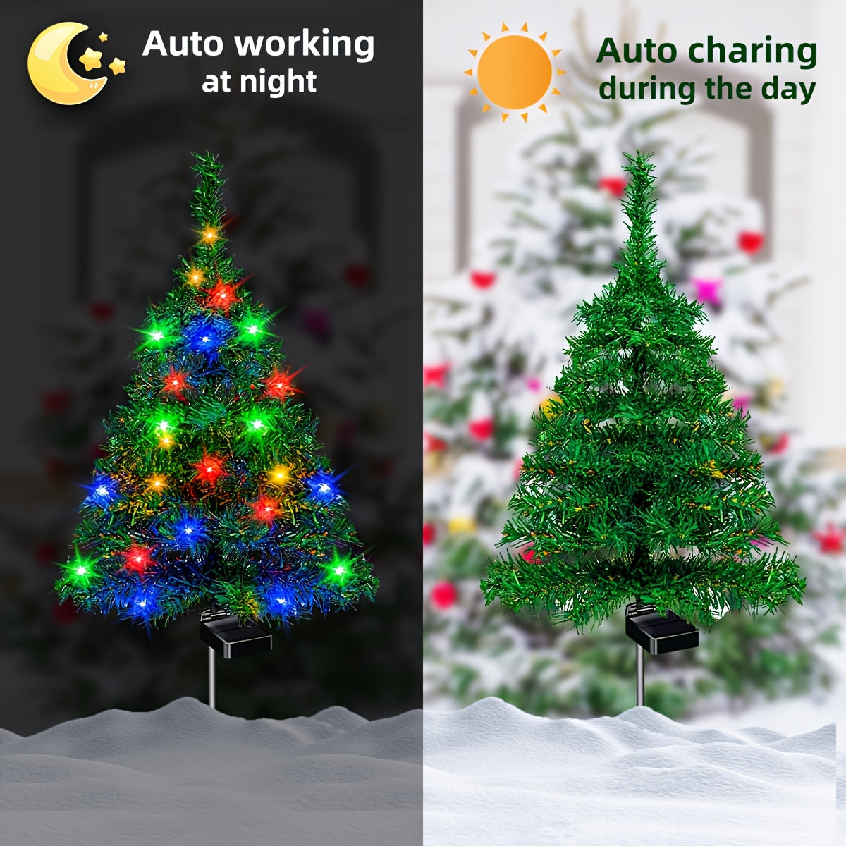 Two Sets Of Solar Christmas Tree Lights Are Used for Outdoor Christmas Decorations. The Solar Pre-lit Small Christmas Trees Are Used for Outdoor Paths, Gardens And Courtyards Decoration.