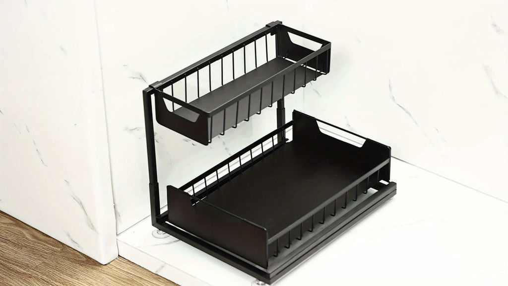 Sliding Under Sink Storage Rack, Two-Tier Metal Cabinet Organizer with Narrow Upper Basket and Pull-Out Lower Drawer in Black White or Gray, 1 or 2 Pack