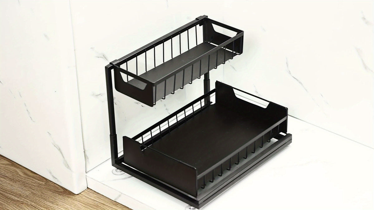 Sliding Under Sink Storage Rack, Two-Tier Metal Cabinet Organizer with Narrow Upper Basket and Pull-Out Lower Drawer in Black White or Gray, 1 or 2 Pack