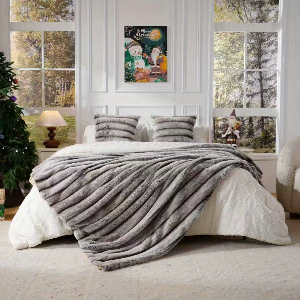 A Faux Rabbit Fleece Blanket, Double Layer Thickened, All Season, King/Queen Size, Winter Blankets Soft Warm, Throw For Adults Reversible Machine Washable Blanket, For Home, Car, Office, Travel, Couch Cover, Christmas, Halloween Gift, Birthday Gift