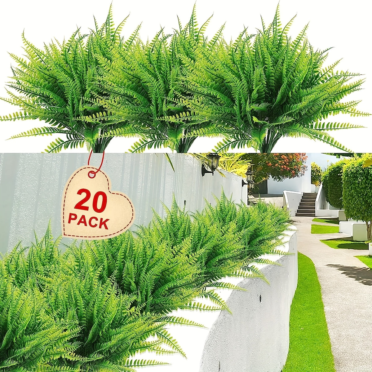 Set of 20 Artificial Ferns Suitable for Outdoor Use, These Faux Boston Ferns Are Made from Uv-Resistant Plastic, Perfect for Enhancing The Decor of Homes, Offices, Gardens, Patios, And Yards
