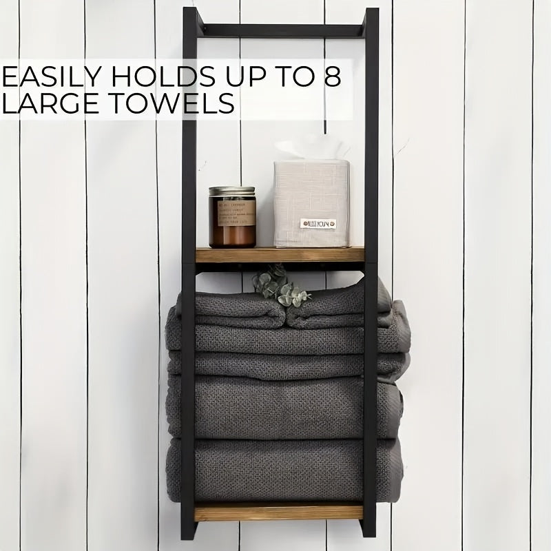 1Pc 2-Tier Bathroom Towel Rack With Shelf - Wall-Mounted Towel And Essentials Storage Rack | Modern Bathroom Elegant Metal And Wood Design, Wall-Mounted Towel Storage Rack, Bedroom Organizer, Bathroom Towel Rack, Bathroom Towel Storage