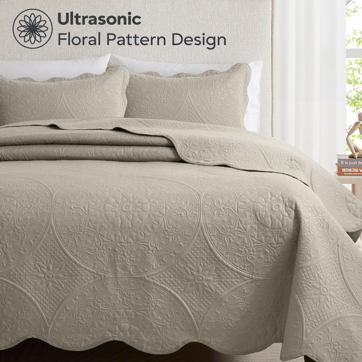 3pcs Luxury Quilted Bedspread Set – Oversize Quilt Coverlet Soft & Cozy Floral Bedspread with Pillow Shams, Breathable Lightweight for Bedroom & Guest Room Decor