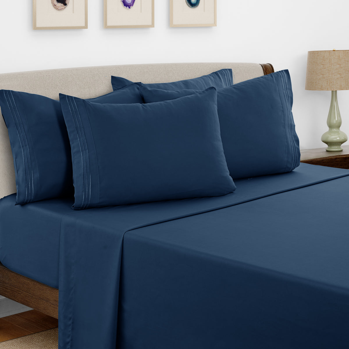 Lux Decor 6 Pieces Solid Bed Sheets Set - Modern Soft Comfortable Bedding Set, Hotel Luxury Skin Friendly Cooling Sheets & Embroidered Pillowcases Without Filler - All Seasons Bed Sheet with 16 Inches deep Pocket, Breathable Skin Friendly & Cooling Sheets
