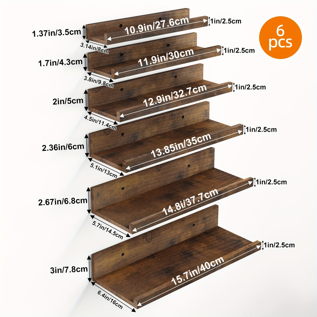 Floating Shelves in Six Sizes, 6-Piece Wall Mounted Ledge Set in Brown, White or Black for Bedroom Displays, Bathroom Storage and Living Room Decor