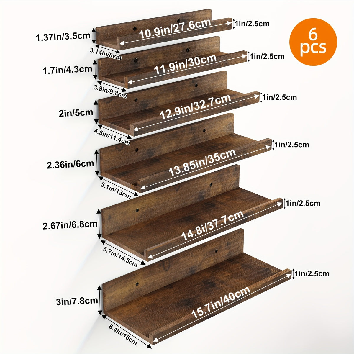 Floating Shelves in Six Sizes, 6-Piece Wall Mounted Ledge Set in Brown, White or Black for Bedroom Displays, Bathroom Storage and Living Room Decor