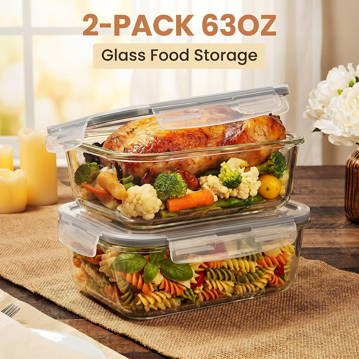 1860ml/ 63oz Large Glass Storage Containers With Lids, 2Pack for food & Dish Transport-Bus Tubs, Meal Prep for food Container Set With Snap Airtight Lid, Leak Proof, For Food Storage And Transportation
