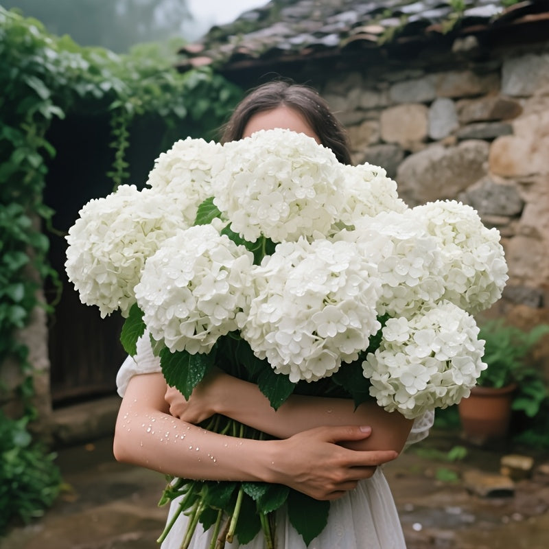 Artificial White Hydrangea Flowers Set of 6, UV-Resistant Faux Blooms with Green Leaves for Weddings, Porch, Garden and Home Decor