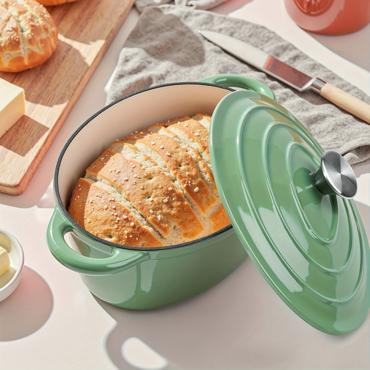 Dutch Oven Made of Cast Iron with an Enamel End, Equipped with a Lid And Two Handles. Perfect for Baking Bread, Slow Cooking, And Roasting. It Offers Great Sealing Capabilities And Works with for All Types of Heat Sources