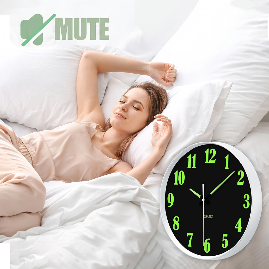 8-16 Inch Modern Black Glow-in-the-Dark Wall Clock, Silent No-Ticking, Battery Powered, Decorative Clock for Living Room, Bedroom, Office & Kitchen, Plastic Frame with High-Transparency Glass Mirror, Perfect Christmas & Housewarming Gift