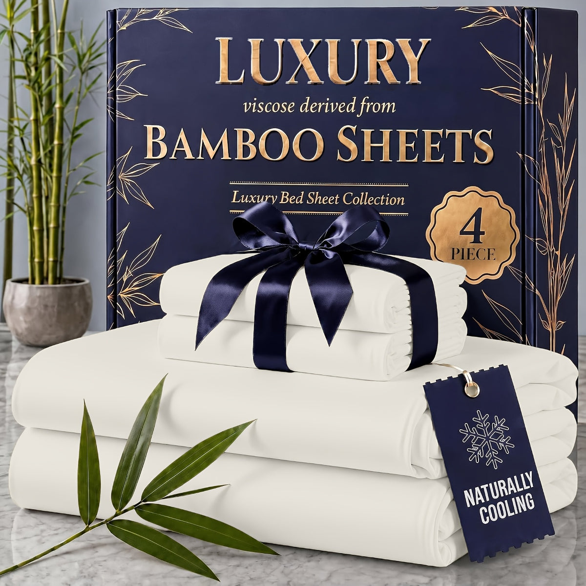 4pcs Cooling Bamboo Blend Sheet Set, Breathable Soft Sheets for Hot Sleepers, 14-Inch Deep Pocket, Twin/Full/Queen/King, Kids Room Decor, Christmas Holiday Home Decor