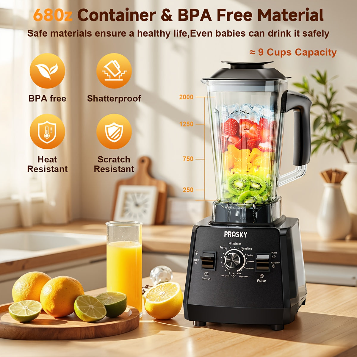 Professional Food Processor Blender, Smoothies Blender, Max.2400W Sorbet Blender And Grinder Combo 25000RPM Powerful Blenders Kitchen 68Oz 2 Containers Countertop Blenders Ice, Grinding, Milk Shake, Ice Slushie, Juice, Shake