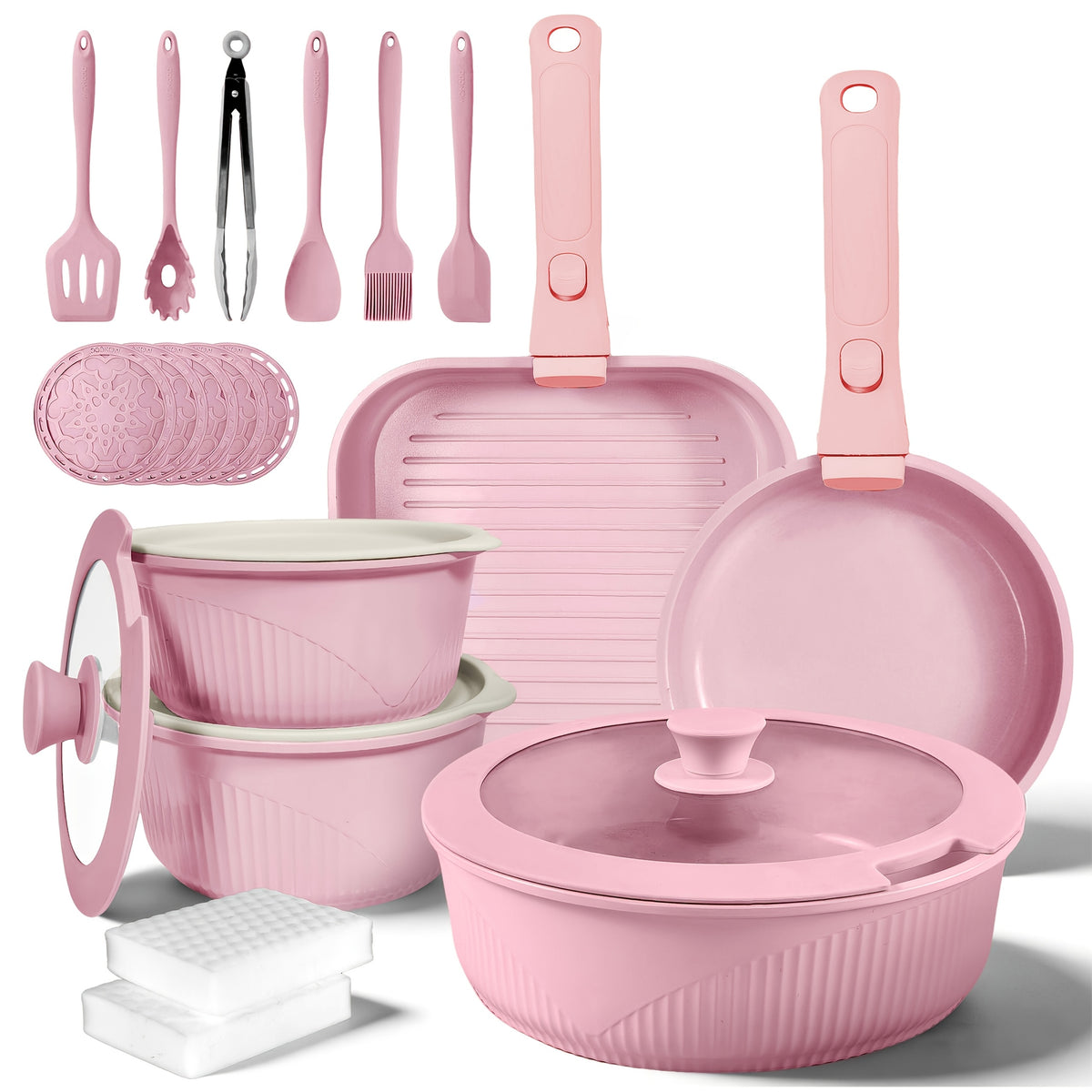 24pcs/7pcs/5pcs Cookware Set Non-Stick Pots & Pans Induction-Ready Kitchen Cookware Set Includes Skillet/Frying Pan/Soup Pot/Steak Pan Removable Handles Home & RV Kitchen Set Stackable Kitchen Accessories Easy To Clean Multiple Colors