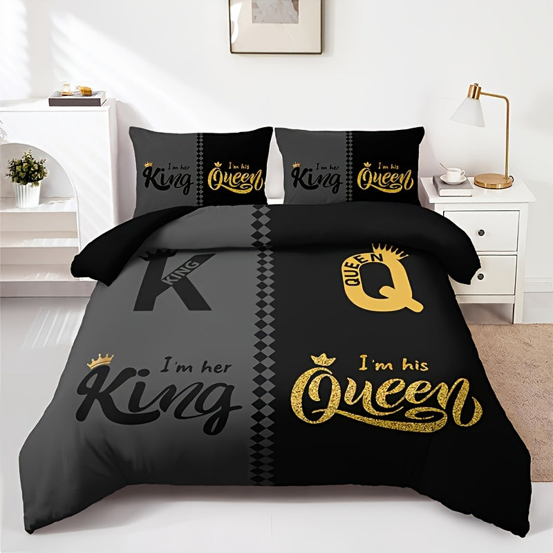 3pcs Super Soft Breathable Crown King And Queen Letter Duvet Cover Set (1 Duvet Cover+2 Pillowcases Without Pillow Core), at Home Dormitory High Definition Numerical Code Printing for Bedroom, Guest Room Decor, Suitable for All Seasons