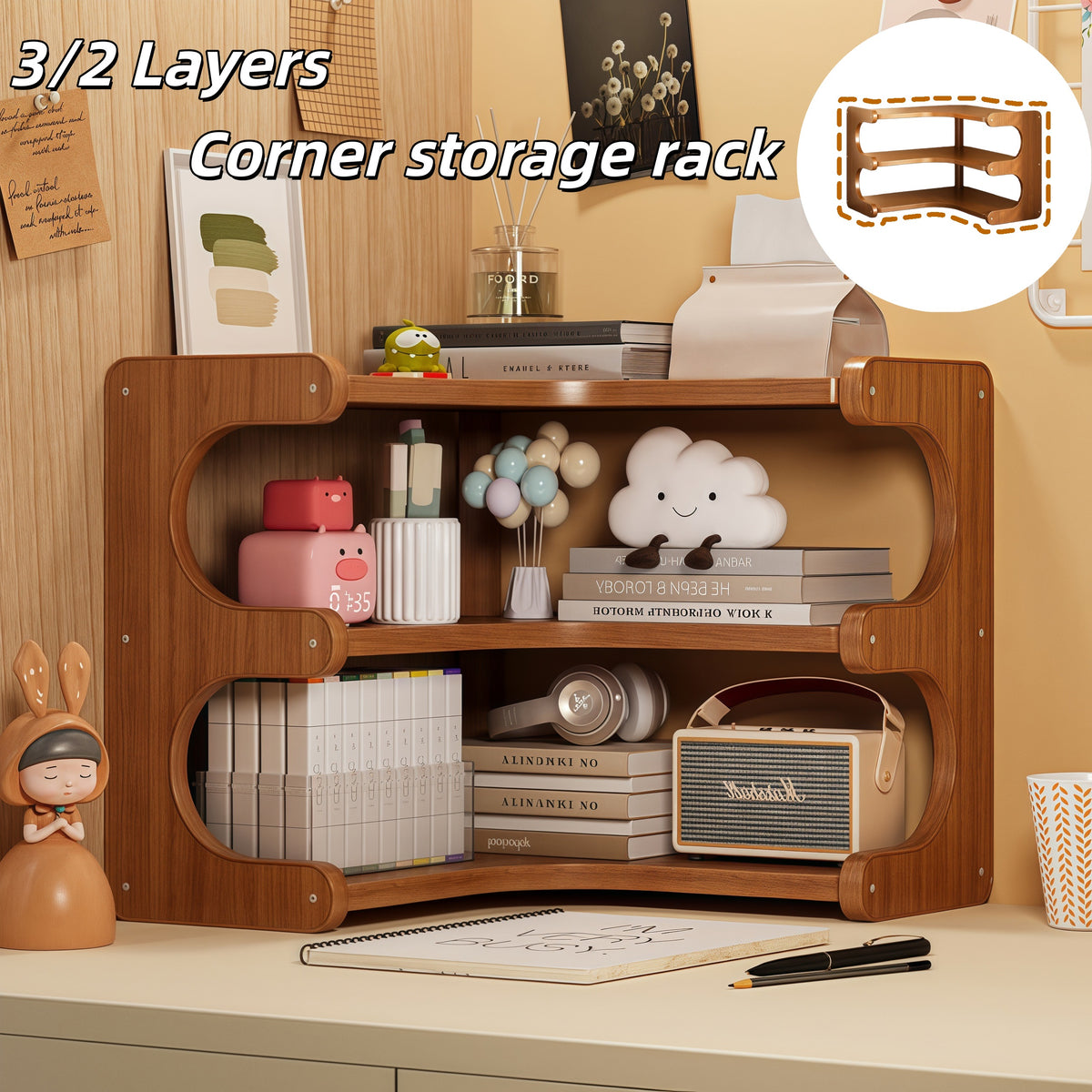 Corner Desk Shelf Organizer, 2 or 3 Tier Space-Saving Desktop Storage for Books, Stationery, Plants and Decor in Home Office, Bedroom and Living Room