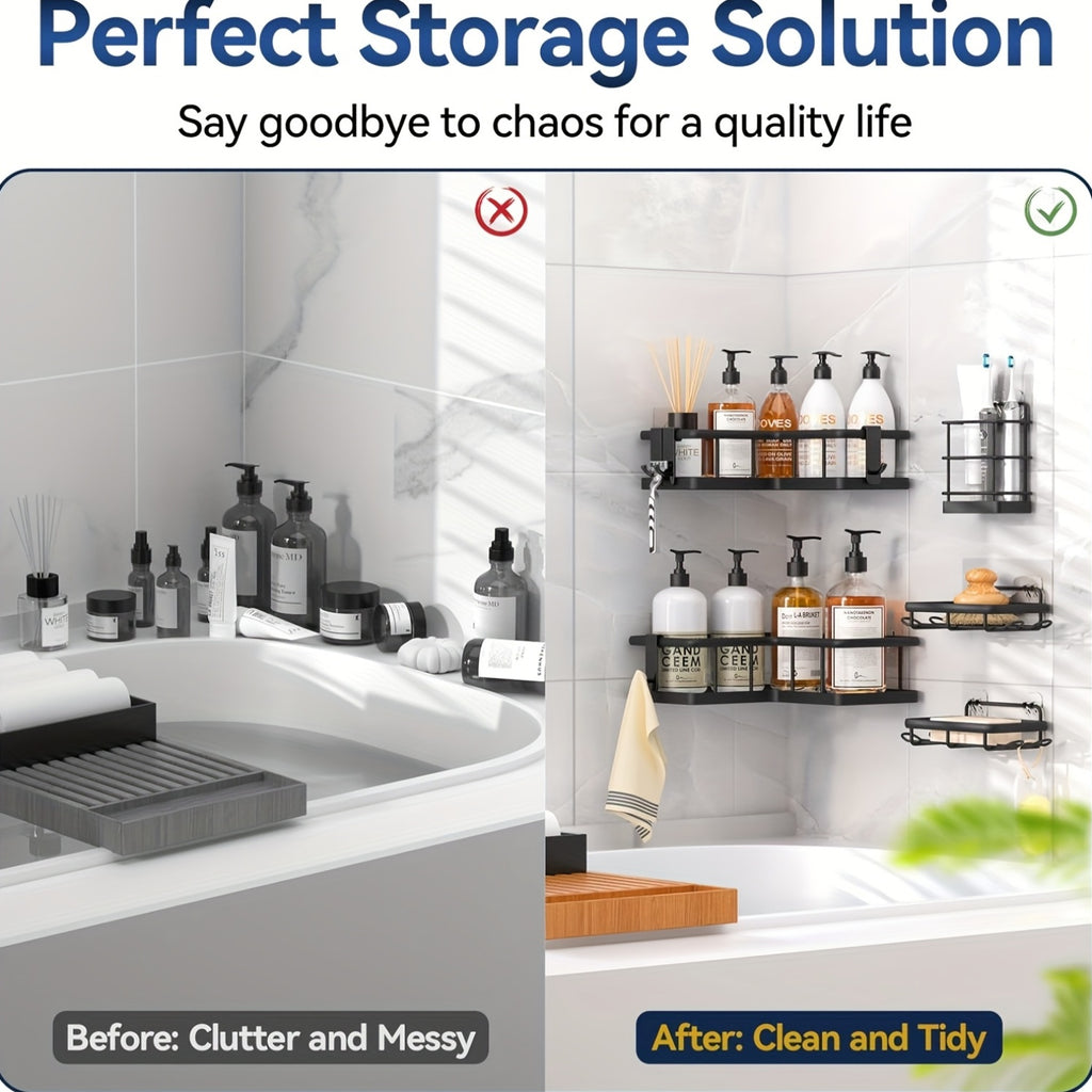 Shower Corner Storage Set, 5-Pack No-Drill Rustproof Bathroom Caddy Shelves with Soap Holder and 4 Removable Hooks for Shampoo and Toiletries