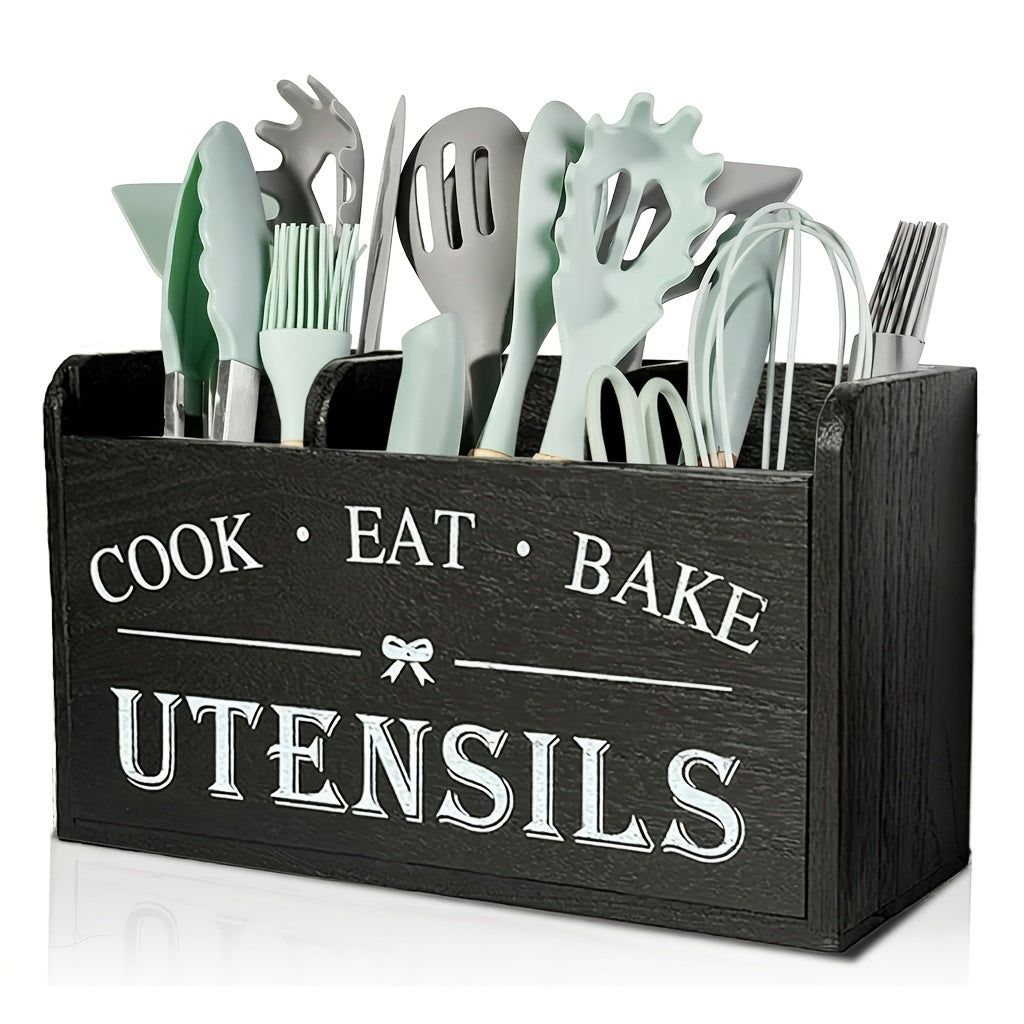 1pc of a Spacious Rustic Wooden Organizer for Kitchen Utensils, Featuring a Handle And Three Compartments. It Can Be Placed on The Countertop Or Mounted on The Wall, Making It Ideal for Storing Cooking, Dining, And Baking Tools