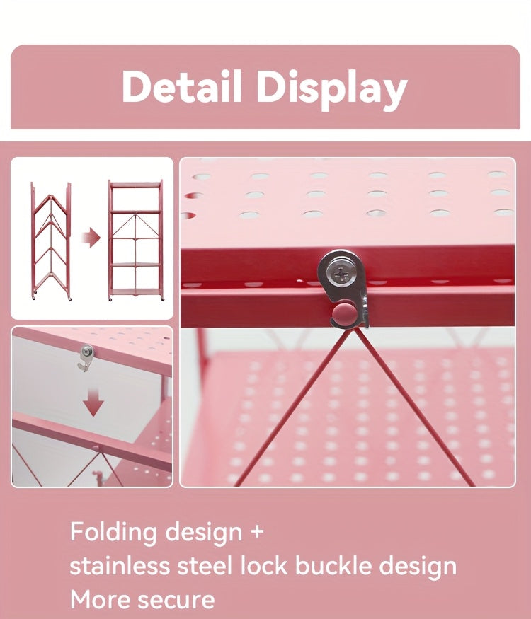 No-Assembly Rolling Storage Rack, 3 4 or 5 Tier Folding Metal Shelves with Locking Wheels in Pink, Green, Black or White for Kitchen and Dorm Organization