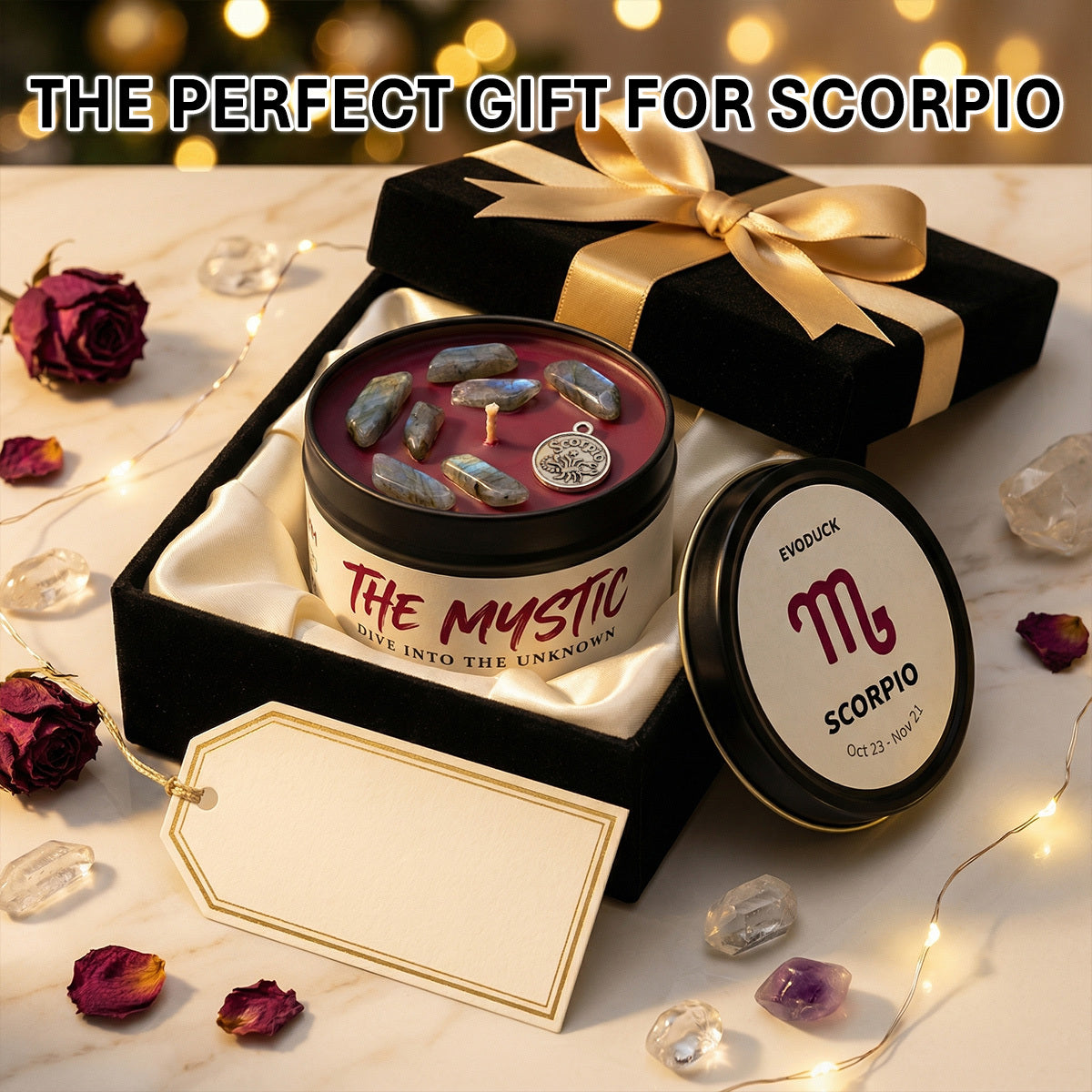 EVODUCK Scorpio Zodiac Candle with Hidden Pendant And Real Crystal Inside - Intense Scented Soy Wax for Late Night Reading Ambiance - Cool Valentine'S Day Birthday Present for Girlfriend Wife Women Lover - Spiritual Mystery Home Fragrance Gift