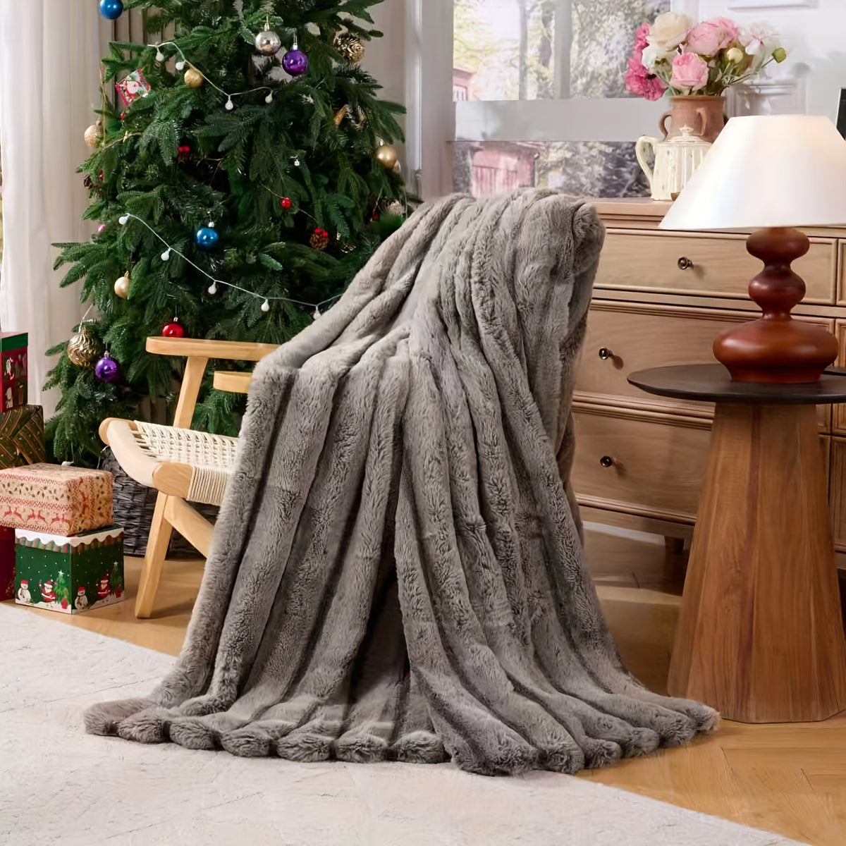 A Faux Rabbit Fleece Blanket, Double Layer Thickened, All Season, King/Queen Size, Winter Blankets Soft Warm, Throw For Adults Reversible Machine Washable Blanket, For Home, Car, Office, Travel, Couch Cover, Christmas, Halloween Gift, Birthday Gift