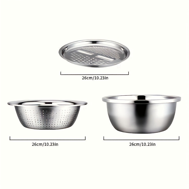 Set of 3 Stainless Steel Kitchen Tools Featuring a Built-In Grinder, Versatile Filter, And Mixing Bowl - Perfect for Washing And Slicing Fruits, Vegetables, And Cheese. Ensures Food Safety with a Drainage System