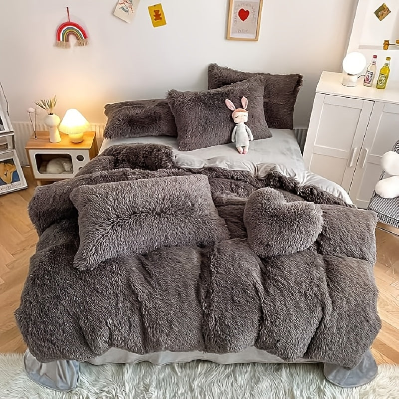 3/4pcs Plush Faux Fur Comforter Cover Set for Kids & Teens - Includes Pillowcases + Plush Heart Pillow - Twin/ Queen/ King Sizes - Super Soft, Warm, Machine Washable (Duvet Cover Only, No Comforter)