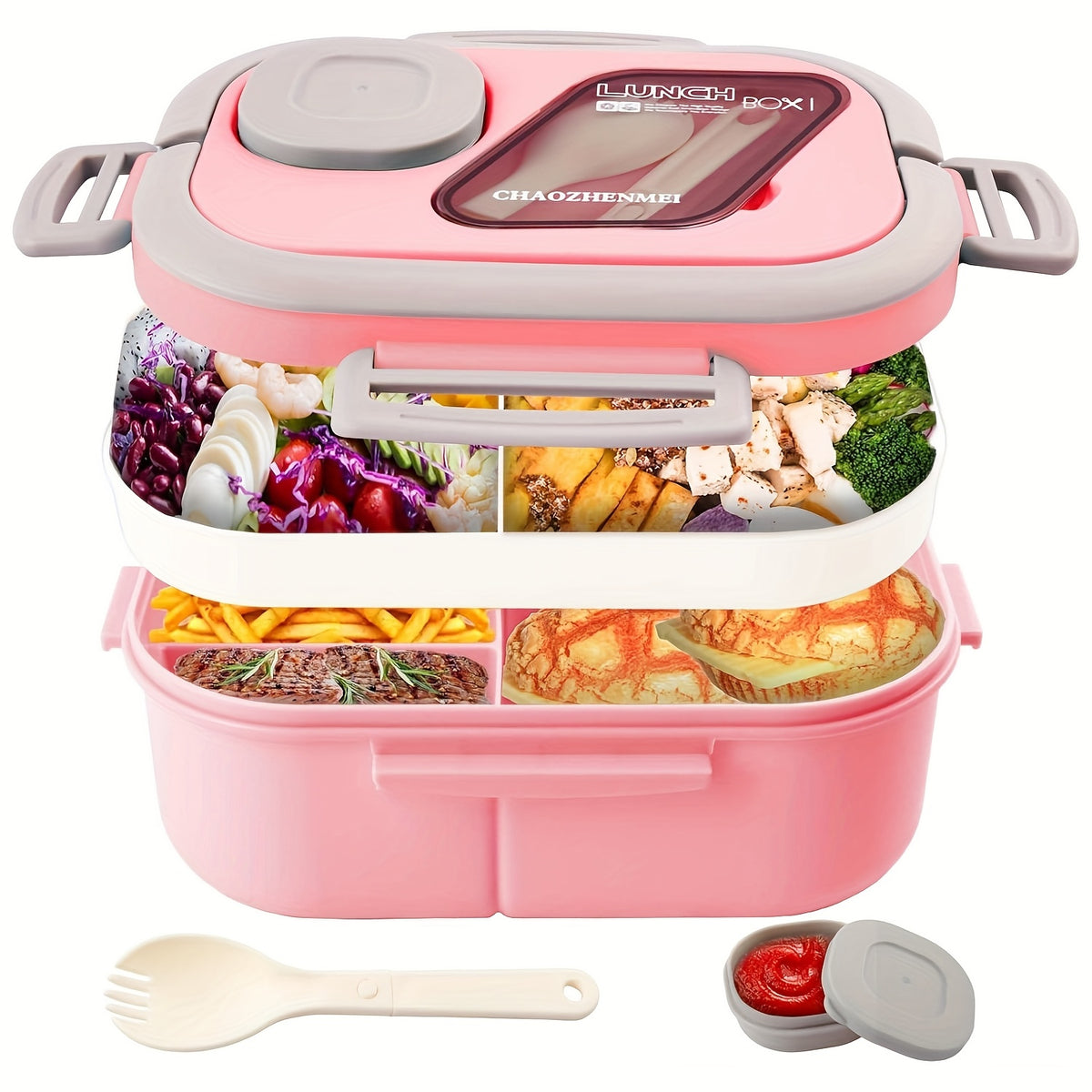 Two Tier Bento Lunch Box, Divided Meal Container in Pink, Blue, Green or White with Optional Cup and Lunch Bag Sets for School, Office and Picnics
