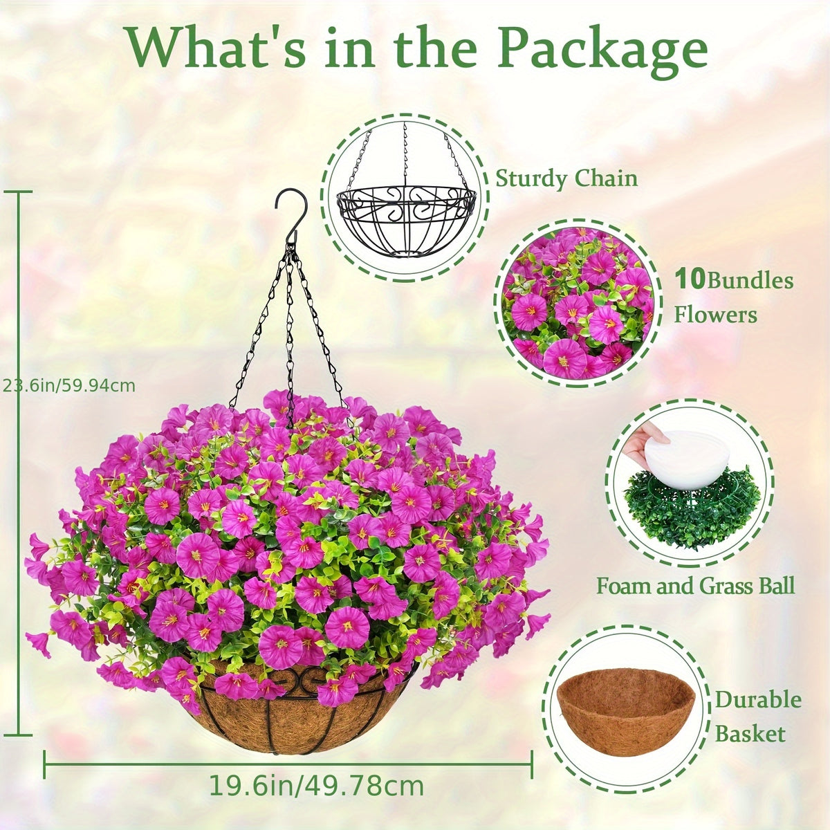 Artificial Hanging Petunia Flowers with Container, UV-Resistant Plastic Faux Floral Decor in Multicolor or Purple for Porch, Patio, Garden and Balcony