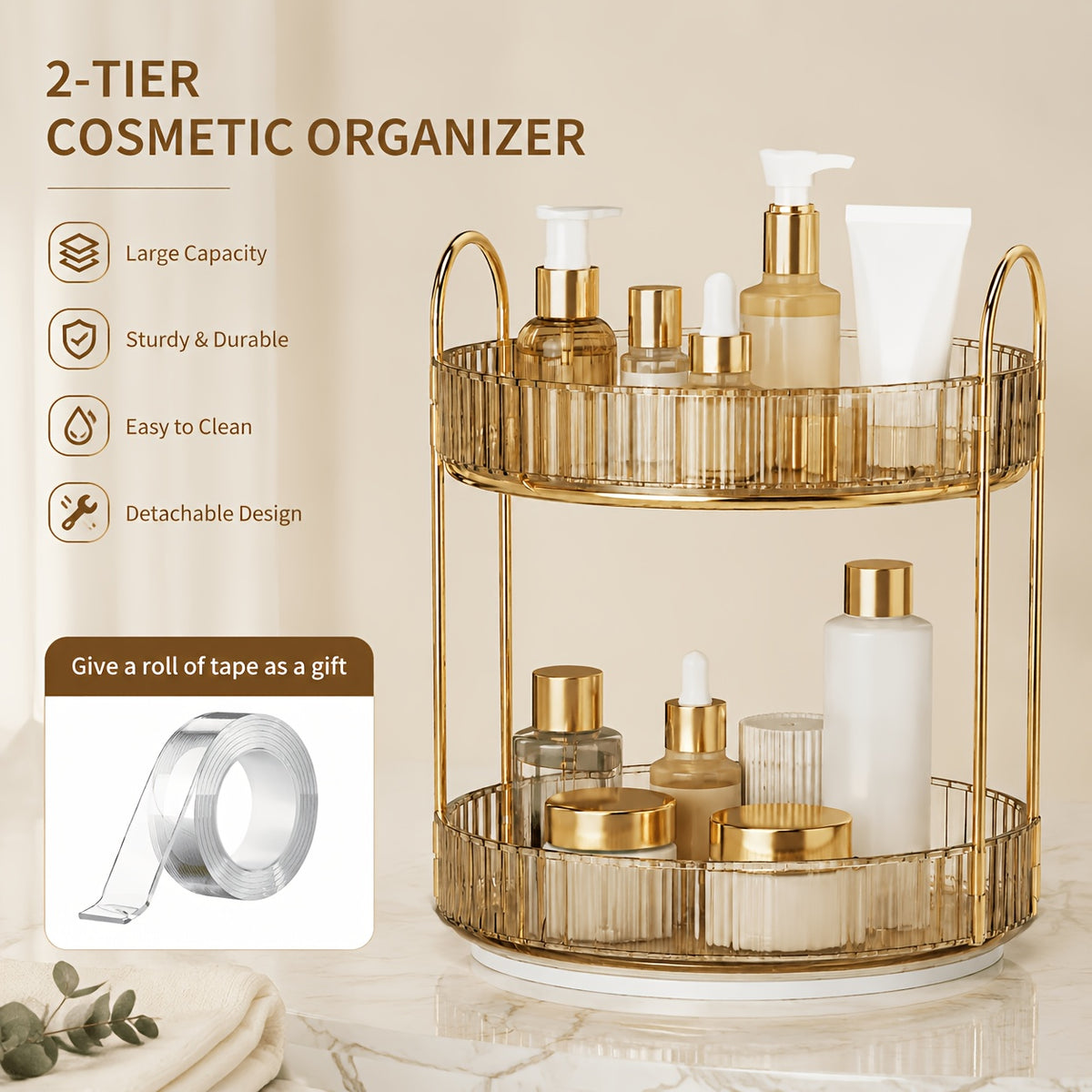 Rotating Cosmetic Storage Rack, A 360-Degree Rotating Cosmetic Storage Multi-Functional Brush, Lipstick, Skin Care Products And Stationery Storage Box - Durable, Odorless, Luxurious Striped Design Desktop Storage Box, Giving Tape As a Gift