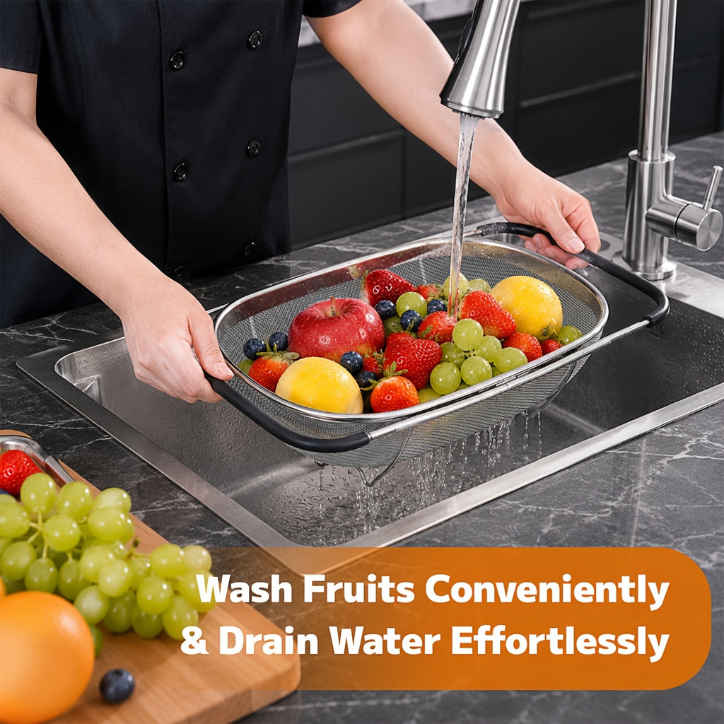 Expandable Stainless Steel Filter Over the Sink Colander - Strainers and Colanders - Sink Strainer Basket - Expandable Fine Mesh Strainer with Rubber Grip for Veggie, Fruits, Pasta, Home Kitchen Essentials