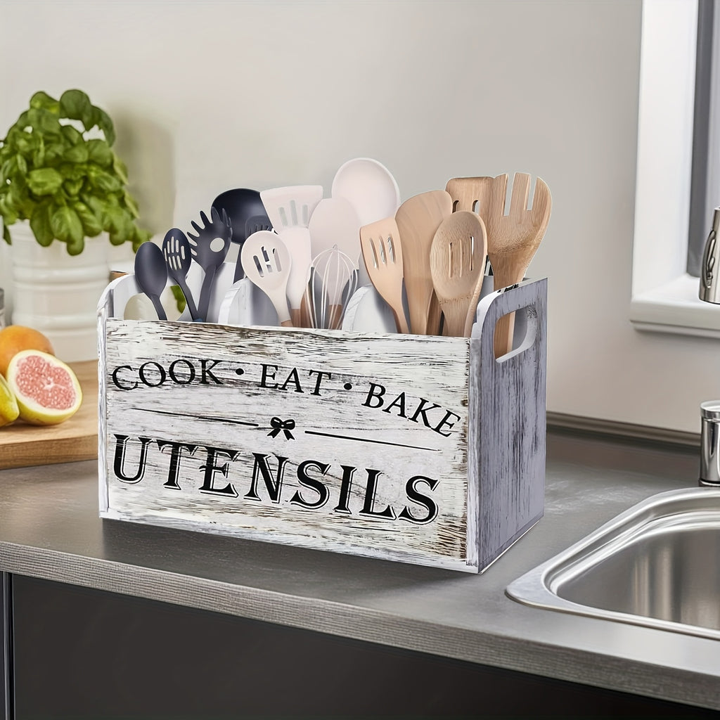 1pc of a Spacious Rustic Wooden Organizer for Kitchen Utensils, Featuring a Handle And Three Compartments. It Can Be Placed on The Countertop Or Mounted on The Wall, Making It Ideal for Storing Cooking, Dining, And Baking Tools