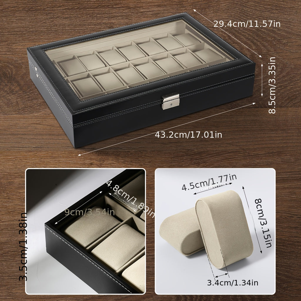 Watch Box, 24 Slots Watch Case, Watch Box Organizer Jewelry Storage with Large Glass Lid, Watch Display Case, Watch Box for Men & Women, Decorative Jewelry Boxes