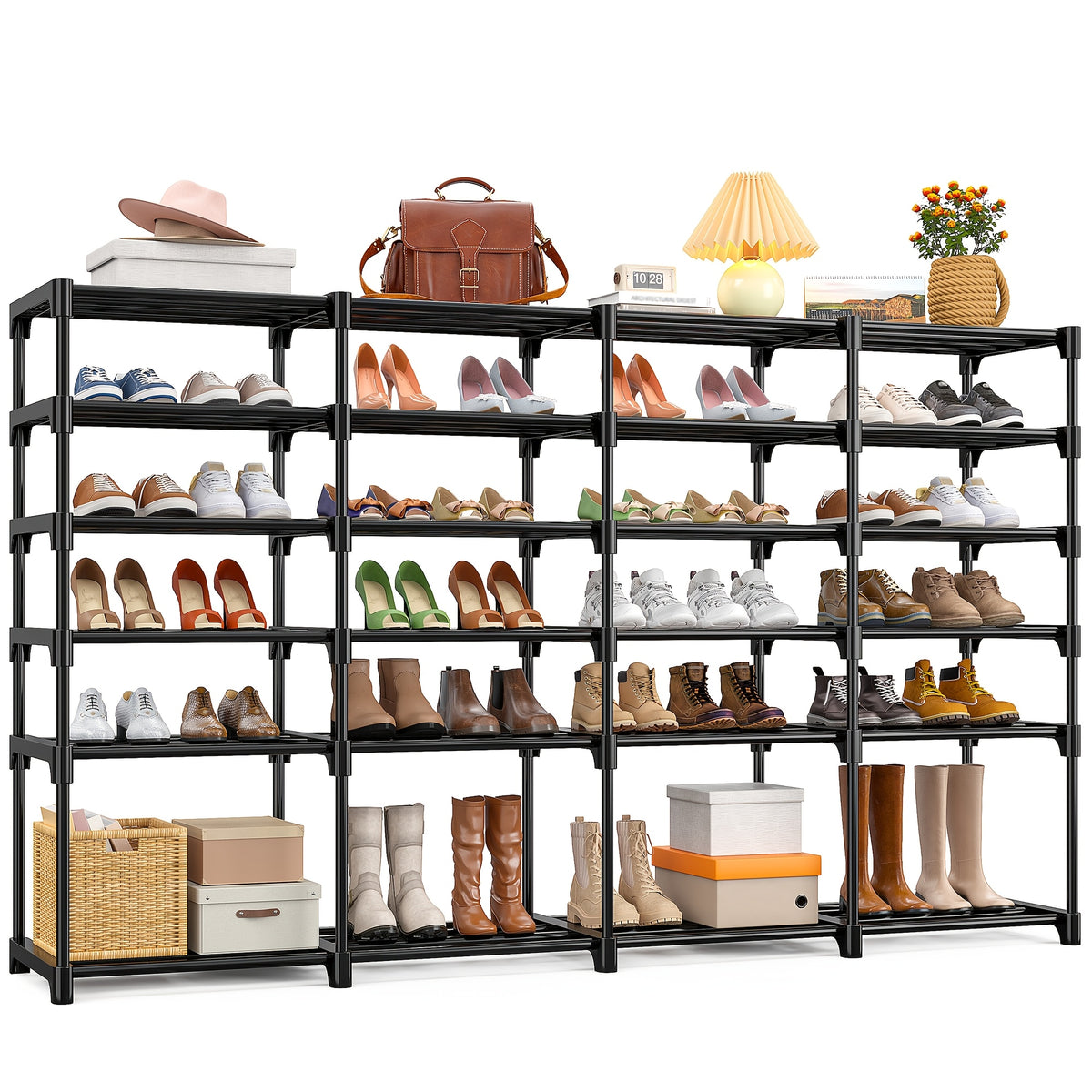 Large Capacity Metal Shoe Rack, Black Shoe Rack Organizer, Boots Storage Rack, 4 Rows 6 Tier & 4 Rows 9 Tier Shoes Rack | Heavy Duty Storage Shelf |Holds 45-72 Pairs Of Shoes|Stable And Durable, Easy to Assemble for Living Room, Bedroom, Dormitory