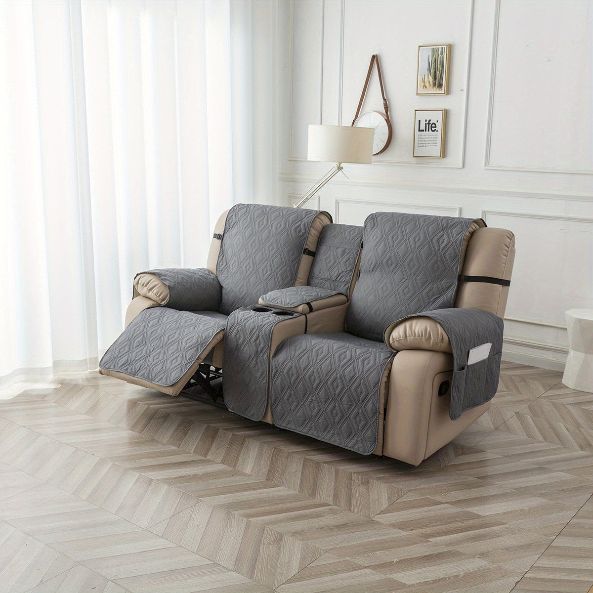 4pcs/set Loveseat Recliner Cover with CenterConsole|100% Waterproof Pet Coverfor Dual Recliner with Straps Design|Split Reclining Loveseat Cover Furniture Pet Protector, Valentine's Day Home Decorations