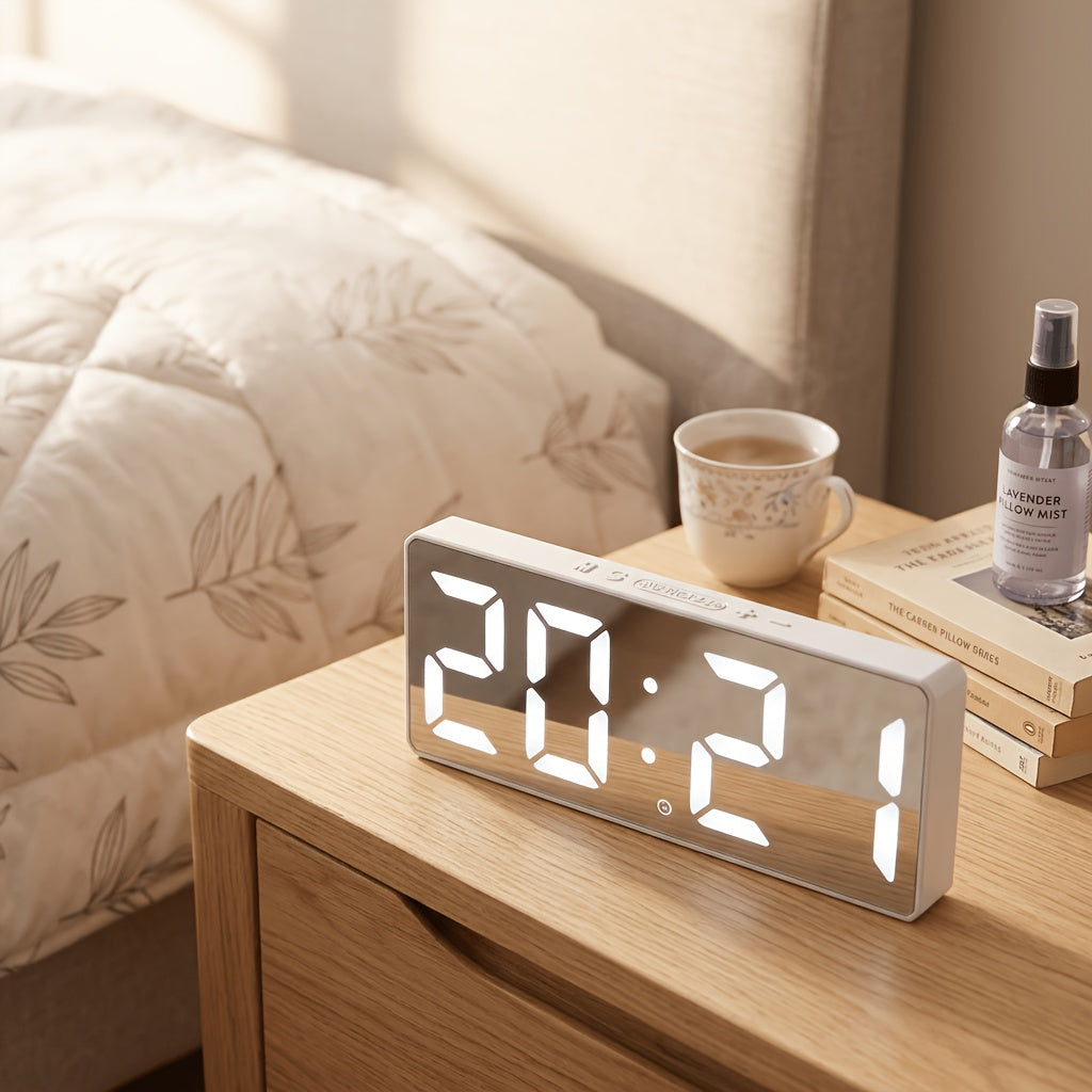 Contemporary LED Desk Clock with Temperature Display Brightness Adjustment Night Modes Snoozes Functions 12/24Hour Mode LED Electronic Clock for Bedroom
