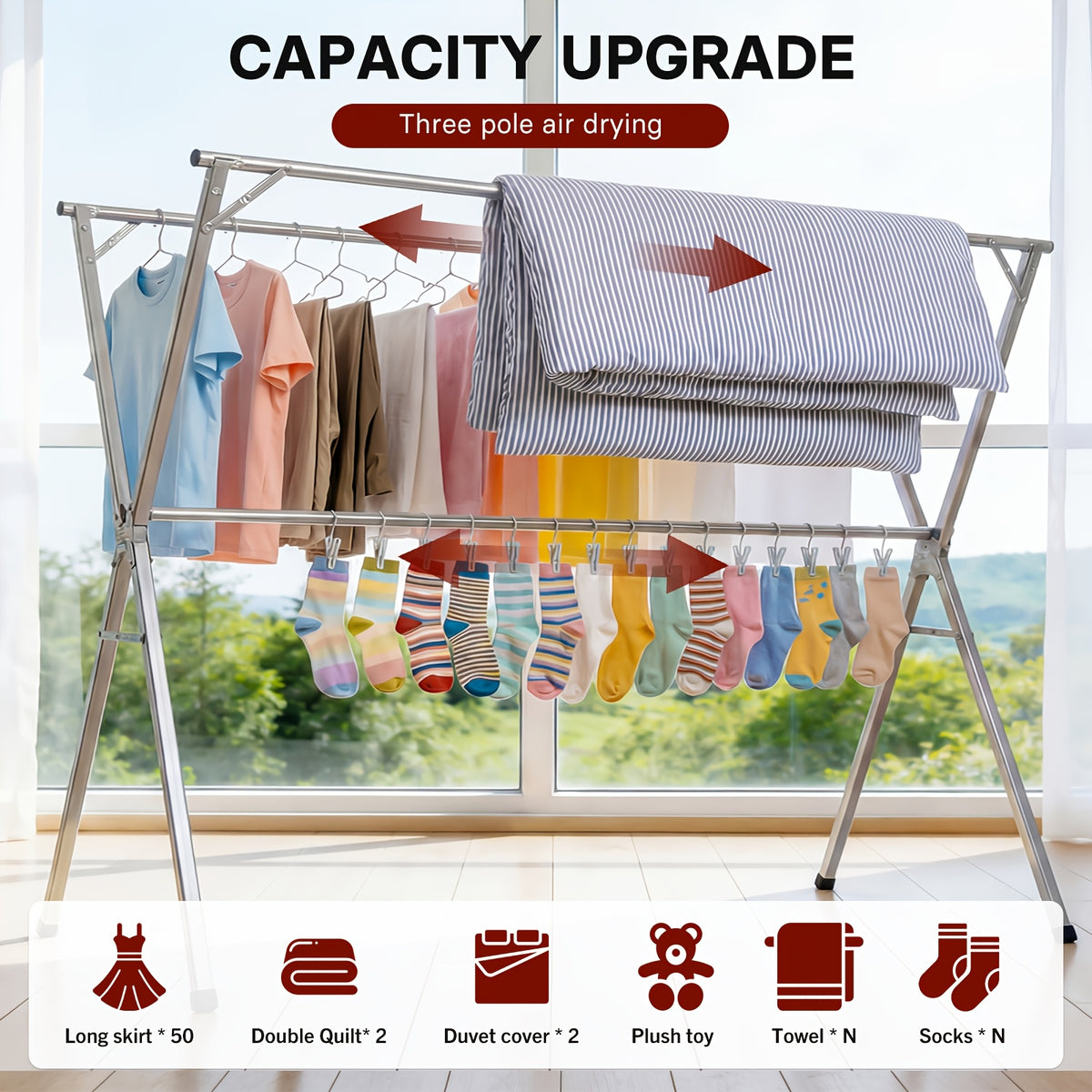 Three-Bar Foldable Clothes Drying Rack, 63", 78.7" & 95'' Retractable Length, Indoor & Outdoor Use, Durable Metal Collapsible Laundry Drying Rack, Heavy Duty Stainless Steel Clothesline Drying Racks, Drying Racks