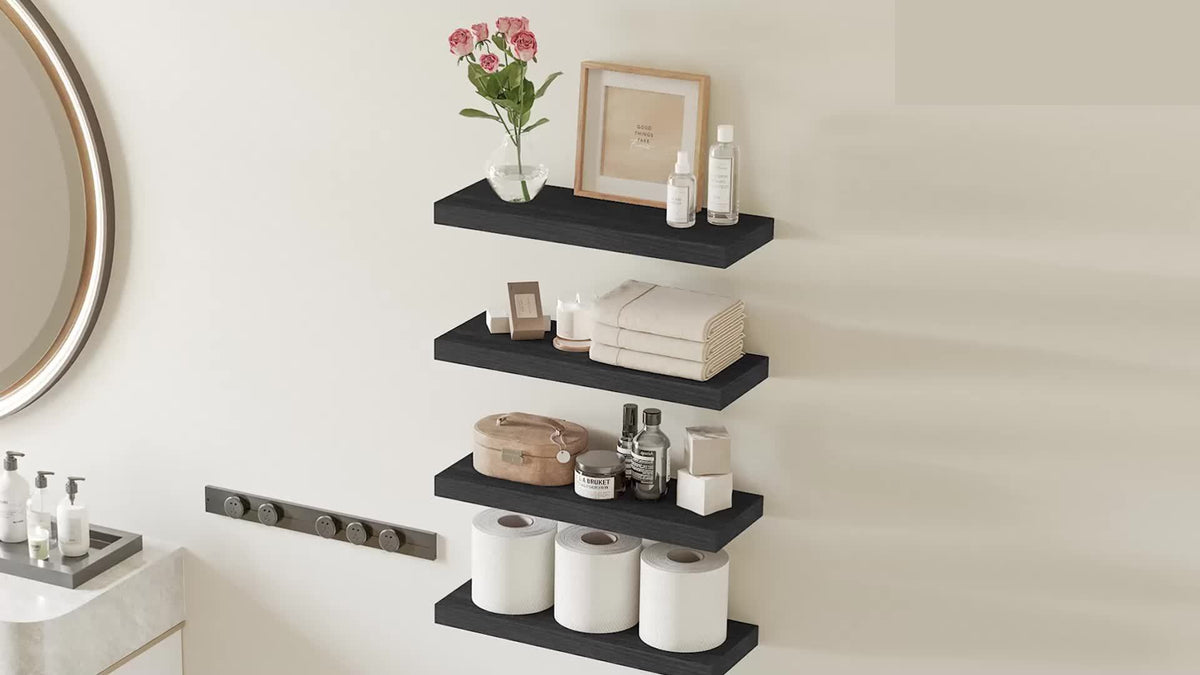 Rustic Finish Floating Shelves, 15.8 Inch Wall Display Set with Invisible Brackets in 4 or 8 Piece Options for Living Room, Bedroom and Home Decor
