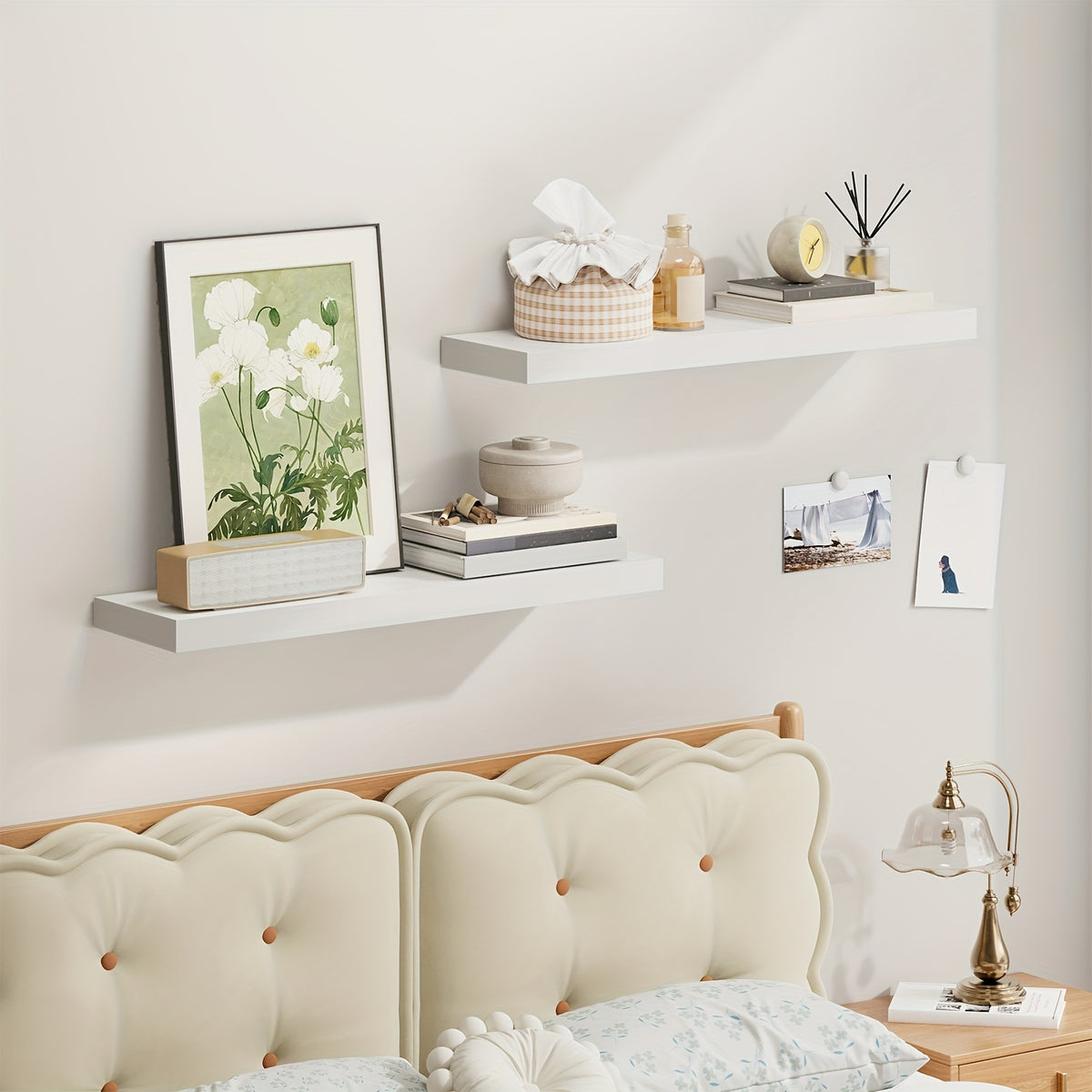TOMNK 2pcs Floating Shelves, 22" Wood Hanging Shelf For Wall, Mounted Wood Shelves For Kitchen, Storage Over Toilet, Hanging Book Shelf For Wall Home Living Room Decor, White/Brown/Black