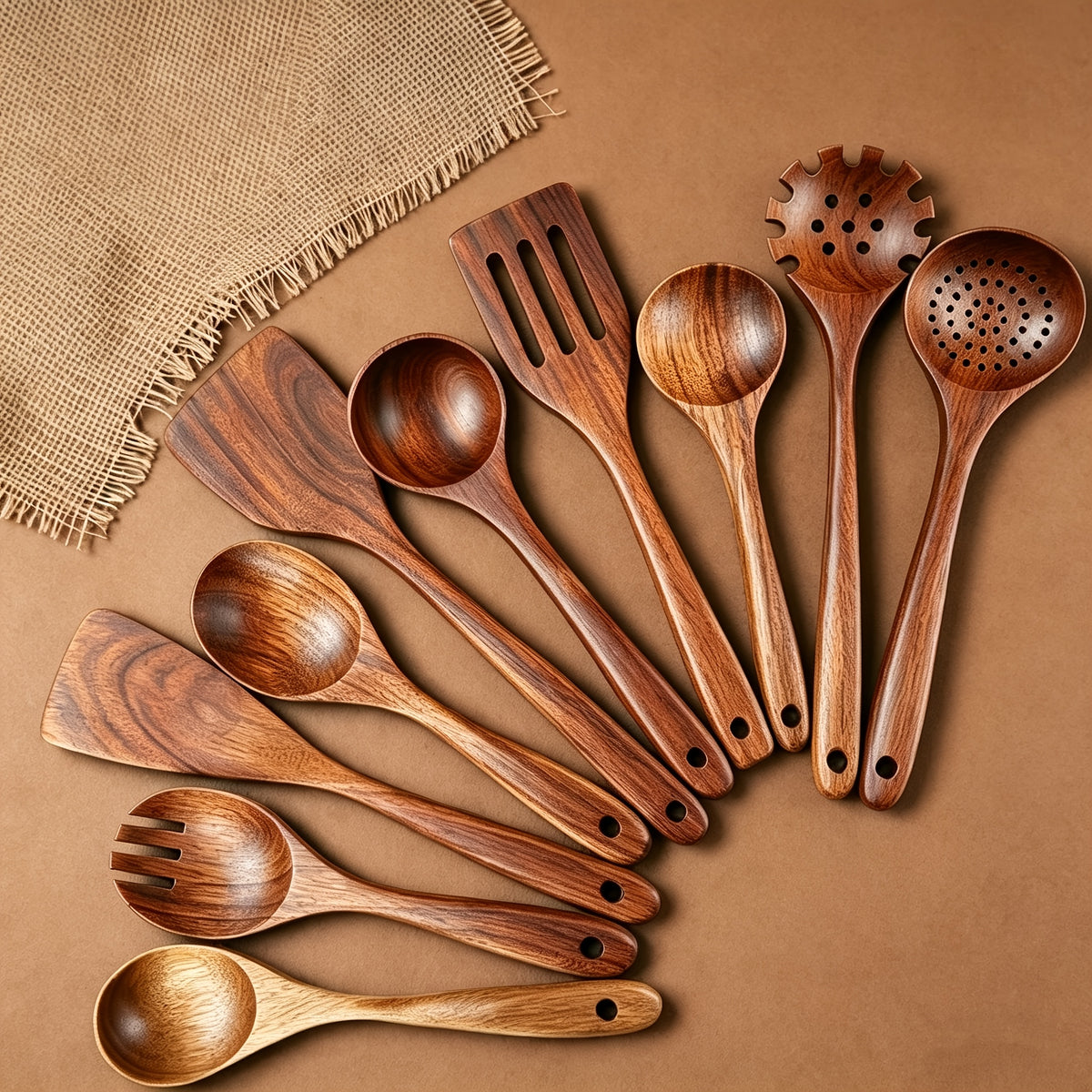 10pcs Non Stick Cookware Set, Wooden Kitchen Utensils, Heat-resistant, Including Shovel And Perforated Wooden Spoon. It Is A Stylish And Durable Wooden Multifunctional Set Suitable For Kitchen, Cooking, Baking, As Well As Casual And Formal.900g