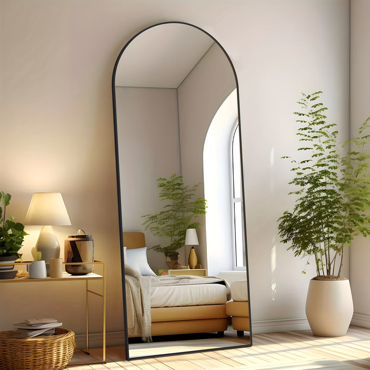 LED Lighted/Not-LED Lighted Full-Length Mirror with Arched/Rect Top - Aluminum Frame Floor-Standing Dressing Mirror for Bedroom & Living Room, Black/Golden/White