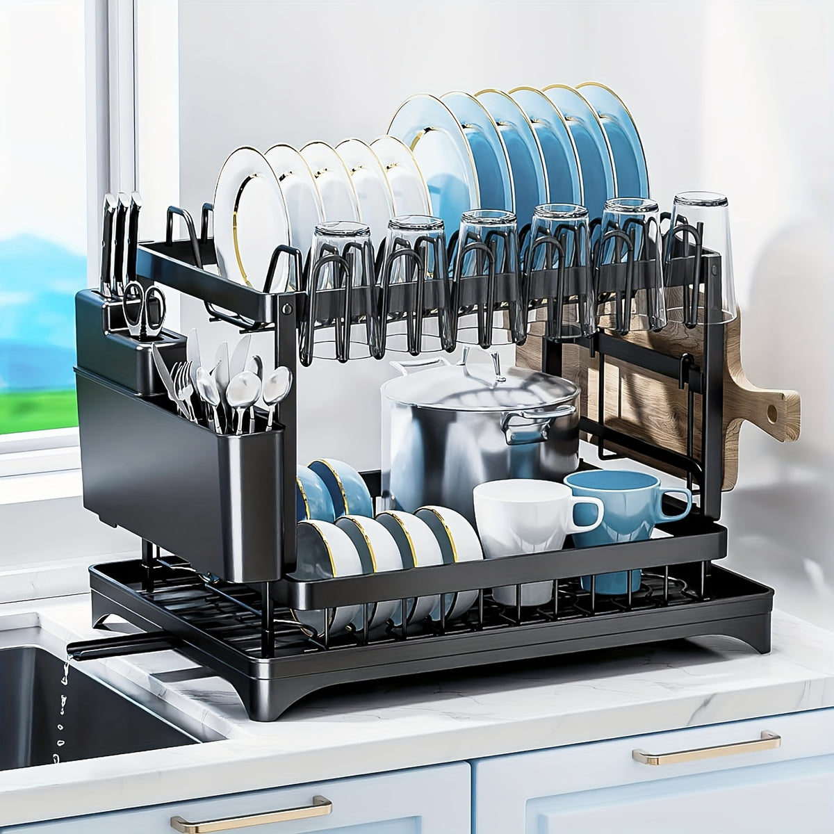 2 Tier And 1 Tier Dish Drying Rack for Kitchen Counter, Dish Drainers for Kitchen Counter with Drainboard, Metal Kitchen Dish Rack with Drain, Kitchen Drying Rack Two Tier, Black Dish Racks, Spoons And Fork