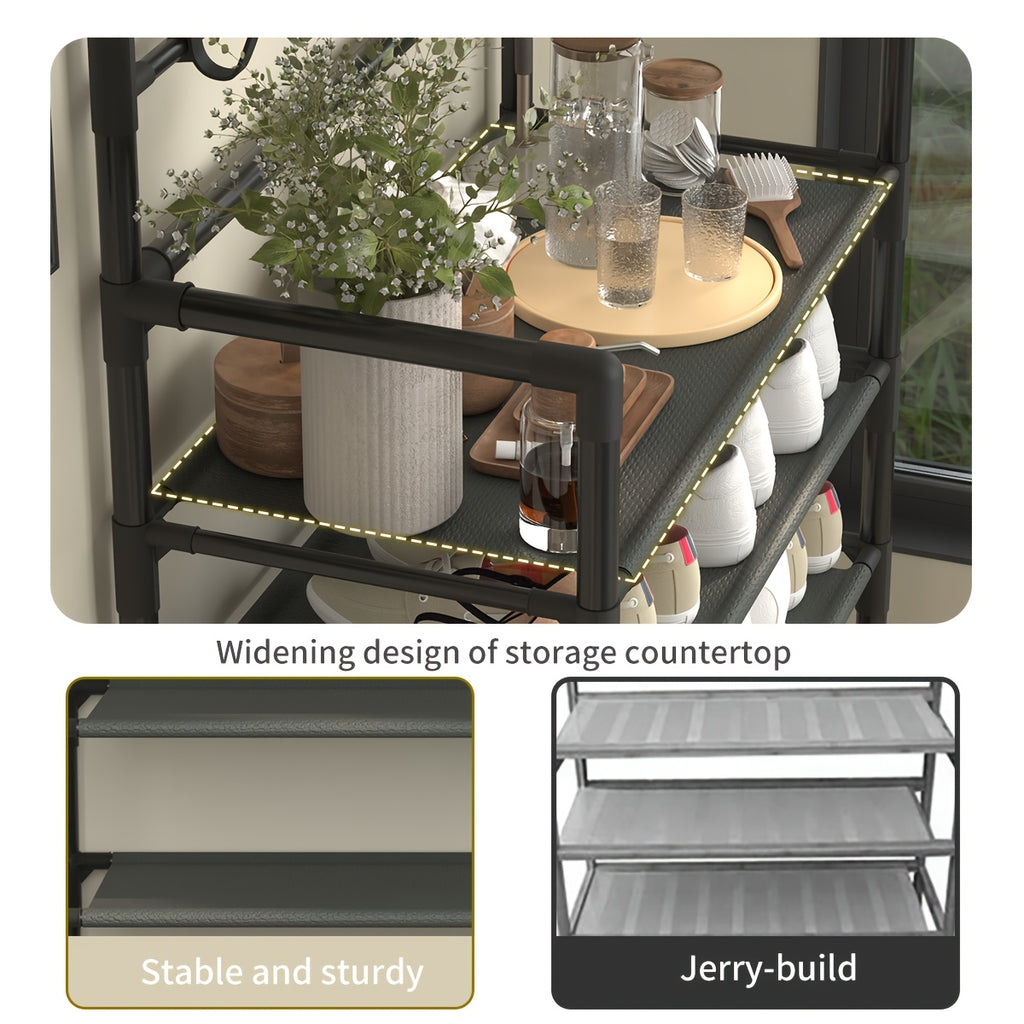 Multifunctional 5-Tier to 3-Tier Shoe Rack, Freestanding Shoe Organizer, Shoe Storage And Organizer, Shelves, with Multi-Layer Storage And 8pcs Double Hooks, Suitable for Living Room, Bedroom, Entrance