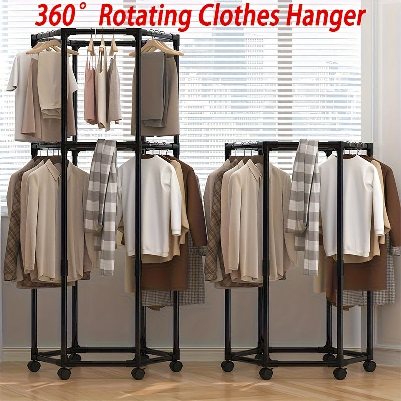 Hexagonal Rotating Garment Rack with Wheels - Heavy-Duty Freestanding 360-Degree Spinning Hanger Suitable for Laundry Room, Space-Saving Mobile Clothing Display, Sturdy Metal Frame for Home Storage & Retail Use, Portable Wardrobe