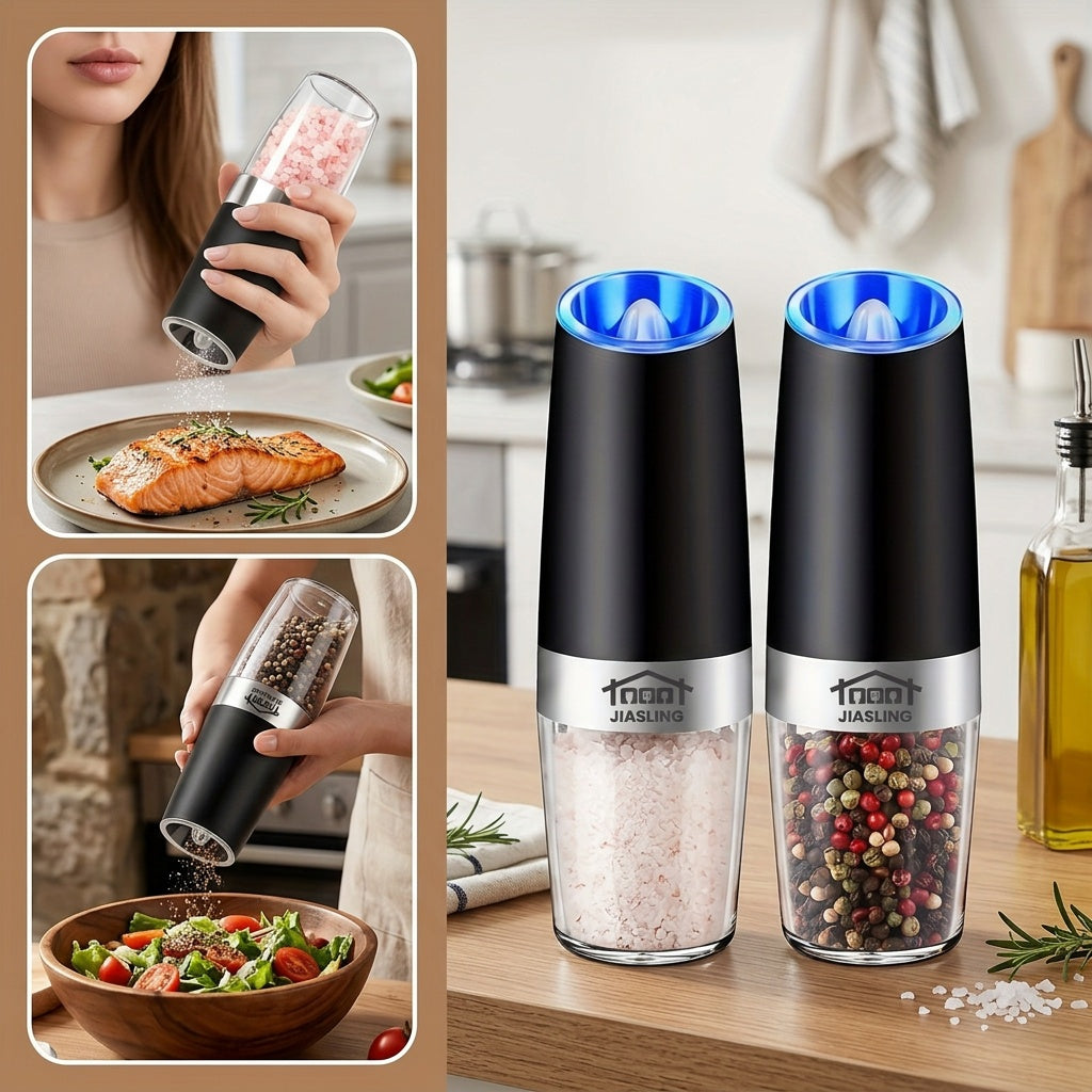2pcs Gravity-powered Electric Salt and Pepper Grinder Battery-powered LED Light One-handed Automatic Operation Adjustable Coarse Grinder Grinder Black Rocking Chair Creative Kitchen Gadget Gift Battery-powered to Choose